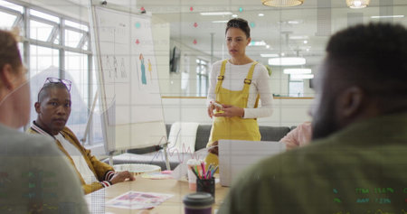 Image of data processing and diagrams over diverse colleagues discussing work. Business, technology...