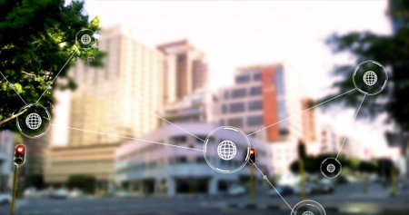 Image of network of connections with data processing over cityscape. Global finance, business,...