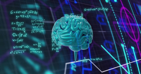 Image of mathematical equations and glowing scanner over brain on black background. Connection,...
