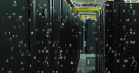 Image of data processing over server room. Global technology, computing and digital interface...