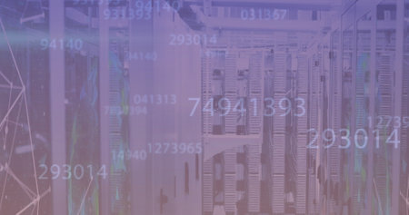 Image of data processing over server room. Global technology, computing and digital interface...