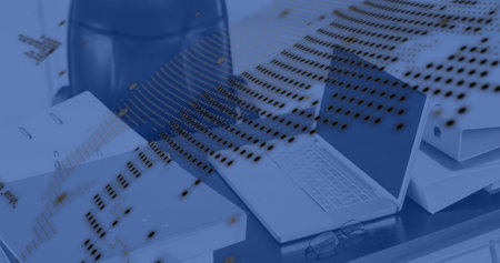 Image of digital data processing over desk in office. Global business, finance, connections,...