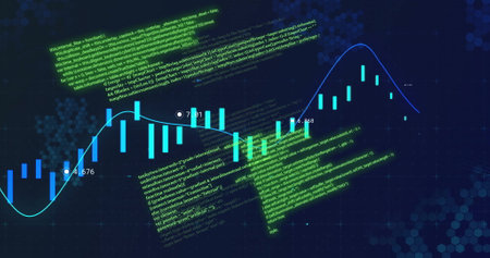Financial data and coding image over stock market chart. Finance, analytics, charts, trading, investment, digitalの写真素材