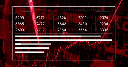 Financial data and bar chart image over red stock market graphs. Finance, analytics, investment,...