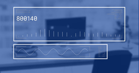 Image of digital data processing over desk in office. Global business, finance, connections,...