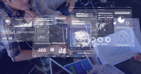 Image of financial data processing over diverse business people in office. Global finance, business,...