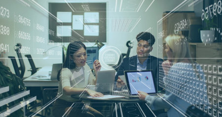 Image of data processing and diagrams over diverse business people discussing work. Global business and digital interface concept digitally generated image.の写真素材