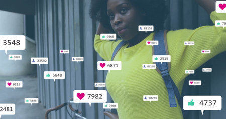 Image of media icons over african american woman wearing backpack. Social media, lifestyle and...