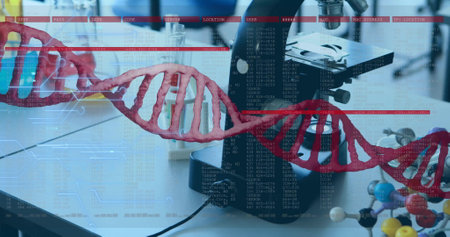 Image of digital data processing over dna strand and laboratory. Global science, connections, computing and data processing concept digitally generated image.の写真素材