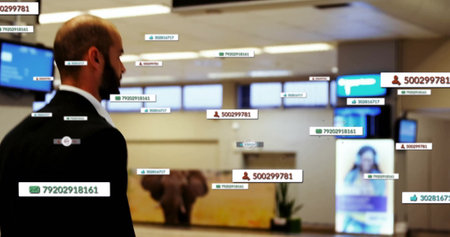 Image of social media notifications over biracial businessman walking with case at airport. Social...