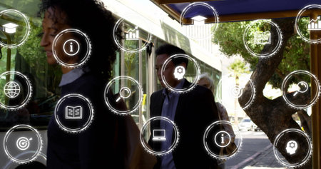 Image of media and communication icons over diverse commuters getting on and off bus. Network,...
