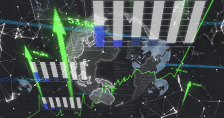 Image of data processing and diagrams over globe. Global business and digital interface concept...