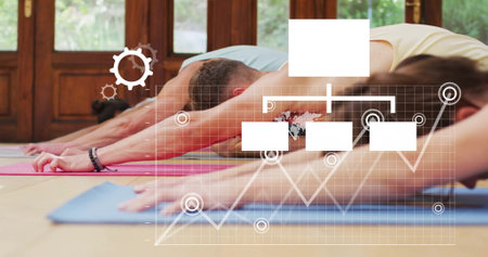 Image of media cions and processing data over diverse yoga class stretching. Fitness, wellbeing,...