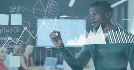 Image of financial data processing over african american businessman in office. Global finance,...
