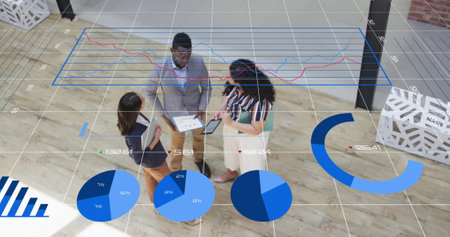 Image of financial data processing over diverse businesspeople in office. Global finance, business, connections, computing and data processing concept digitally generated image.の写真素材