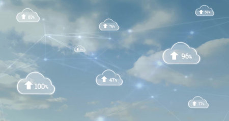 Image of network of connections with digital clouds over blue sky and clouds. Global business and...