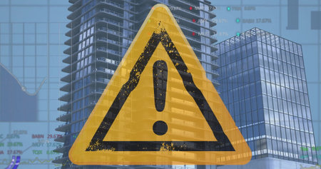 Image of financial data processing over exclamation mark on yellow triangle road sign and city....