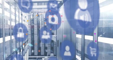 Image of shapes and media icons over server room. Global technology and digital interface concept...