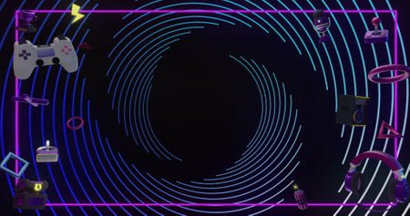 Image of game icons over spinning lines on black background. Global technology, computing and...