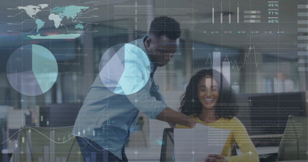 Image of data processing and diagrams over diverse colleagues discussing work in office. Global business and digital interface concept digitally generated image.の写真素材