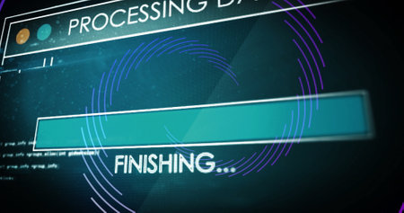Image of data processing over spinning lines on black background. Global technology, computing and...