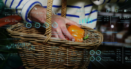 Image of data processing over caucasian man shopping. Technology, shopping and digital interface concept digitally generated image.の写真素材