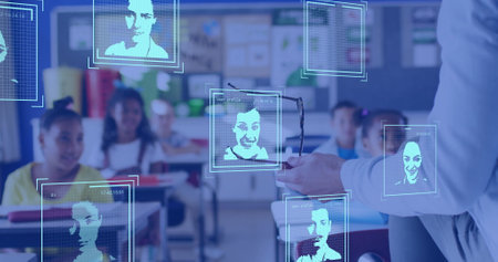 Image of digital id profiles processing over diverse male teacher and schoolchildren in class....