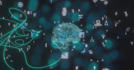 Image of digital brain spinning over media icons. Technology, science and digital interface concept...