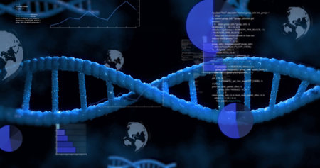 Image of digital data processing over dna strand. Global science, connections, computing and data processing concept digitally generated image.の写真素材