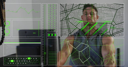 Image of scanner, map and processing data over caucasian man using rowing machine at gym. Fitness, wellbeing, digital interface, healthy lifestyle and communication, digitally generated image.の写真素材
