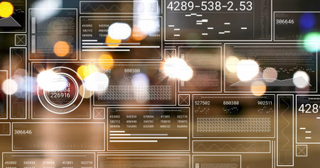 Data processing and analysis image over blurred city lights background. Technology, futuristic,...