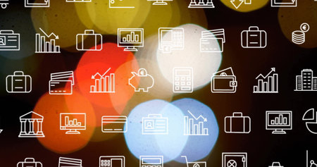 Financial and business icons image over blurred colorful lights background. Finance, abstract, economy, corporate, digital, overlayの写真素材