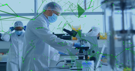 Image of network of connections over caucasian male scientist in laboratory. Global science,...
