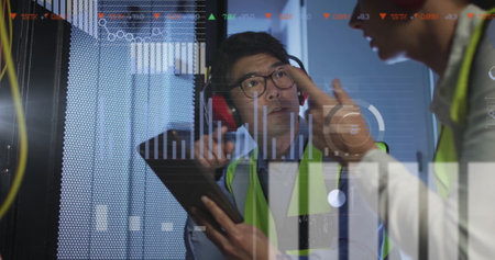 Image of data processing over diverse it engineers by computer servers. Global finance, business, connections, computing and data processing concept digitally generated image.の写真素材