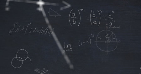 Image of layers of mathematical formulae and equations over black chalkboard. Data, mathematics, research, learning, education and communication, digitally generated image.の写真素材