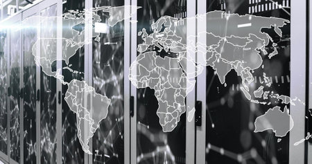 Image of data processing and world map over computer servers. Global connections, computing and data...
