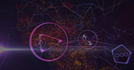 Image of network of connections with icons over light spots on black background. Global connections, computing and digital interface concept digitally generated image.の写真素材