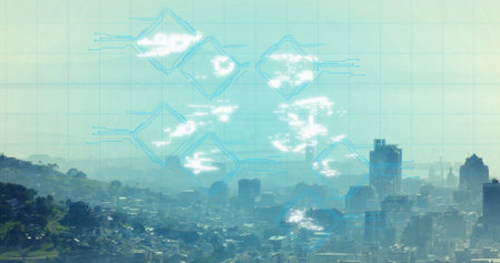 Image of security icons over cityscape. Global business, city and digital interface concept, digitally generated image.の写真素材