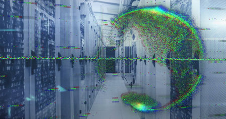 Image of glowing pixel globe and data processing over server room. Network, data, digital interface...