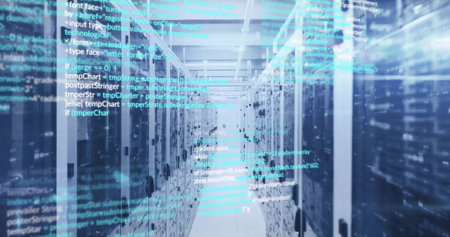 Image of data processing over computer servers. Global finance, business, connections, computing and data processing concept digitally generated image.の写真素材