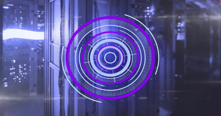 Image of scope and data processing over computer servers. Global finance, business, connections,...