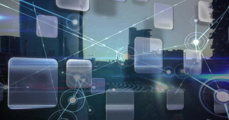 Image of network of connections over cityscape. Global connections, computing and data processing...