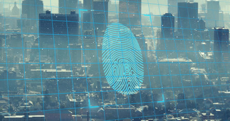 Image of padlocks and fingerprint over cityscape. Global business, city and digital interface...