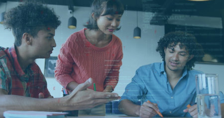 Image of data processing and shapes over diverse colleagues discussing work. Global business,...