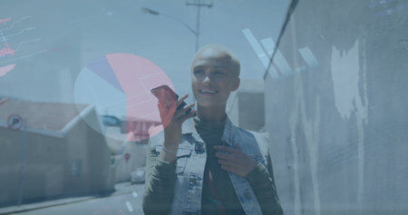 Image of financial data processing over biracial woman using smartphone on the go. Global business,...