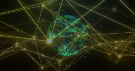Image of network of connections over globe of shapes. Global technology and digital interface...