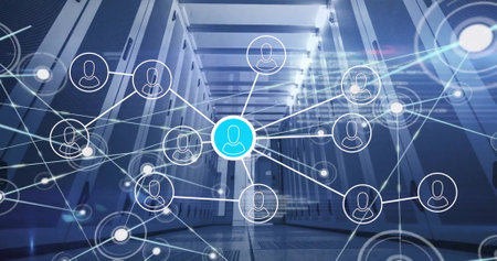Image of connections with people icons and digital data processing over computer servers. Global...