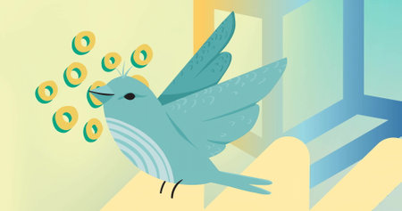 Image of green bird over colourful shapes on beige background. Technology, ecology and digital interface concept digitally generated image.の写真素材