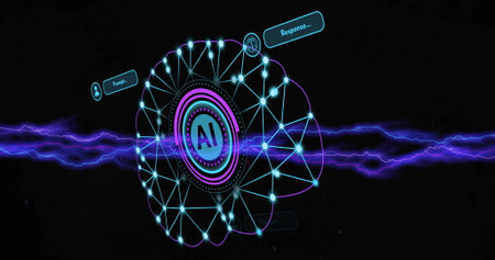 Image of ai digital data processing over scope on black background. Global artificial intelligence,...