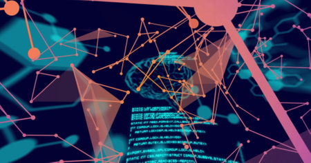 Image of scientific data processing, human brains and connections over dark background. Global...